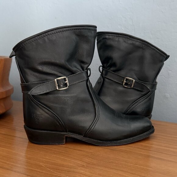 Frye Dorado Black Leather Ankle Buckle Boot Slouchy Size 8 - Picture 1 of 11